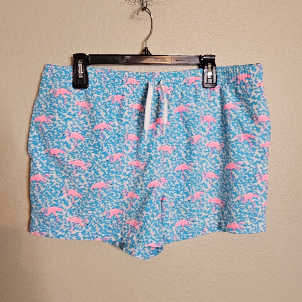 Chubbies Mens Large Pink Flamingo Blue Abstract Swim Trunks Inseam 4"
